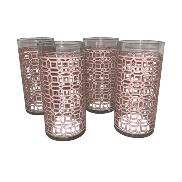 MCM Vintage Retro??? Pink & Clear Glass Tumblers With Modern Pattern Design 6 In - Picture 7 of 8